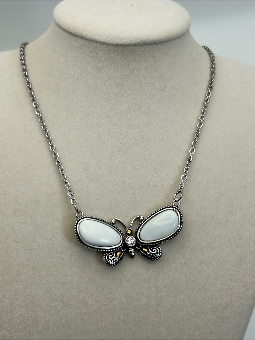 Vintage White Butterfly Pendant Necklace 18" Silver-tone Gold Accents Crystal